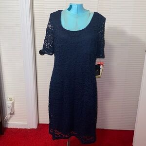 NWT Ronni Nicole navy blue lined lace short sleeve dress 8